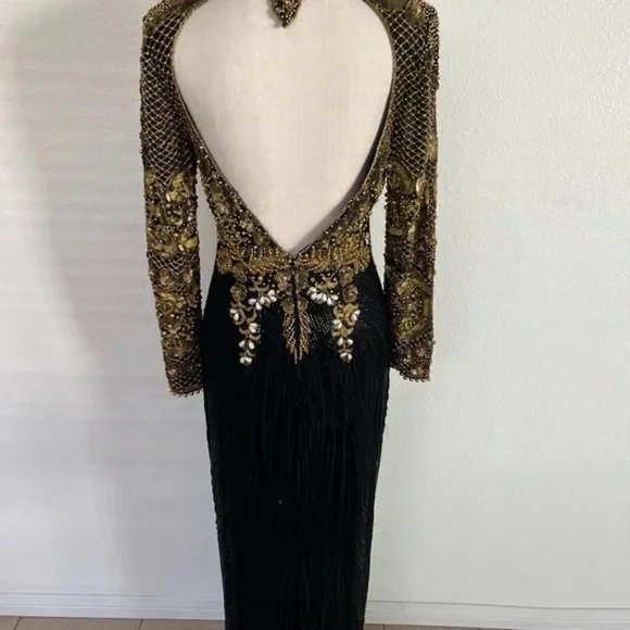 Naeem Khan Riazee Nights 80s X Open Back Slit Leg Pure Silk Long Sleeve Gown VTG - Picture 3 of 16